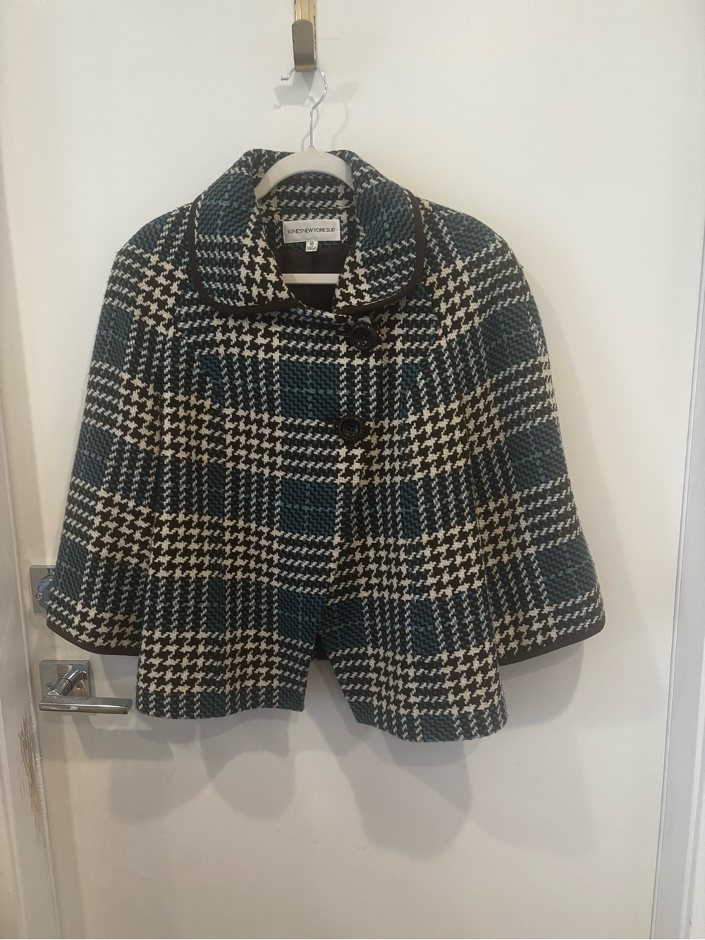 Jones New York Teal & Cream Houndstooth Swing Cape Jacket